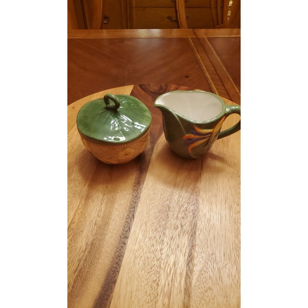 COVENTRY RAINFOREST creamer & Sugar Dish Palm tropical Bird of Paradise ceramic